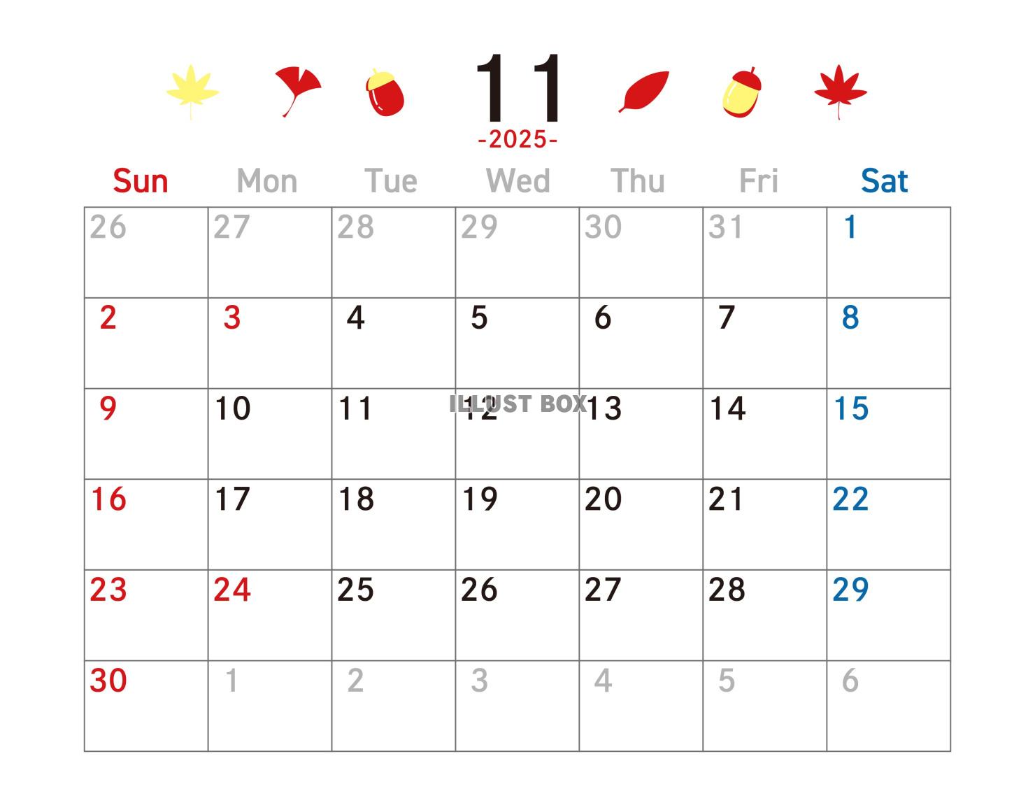 2025年11月 カレンダー 黄色と赤 令和7年　A4横