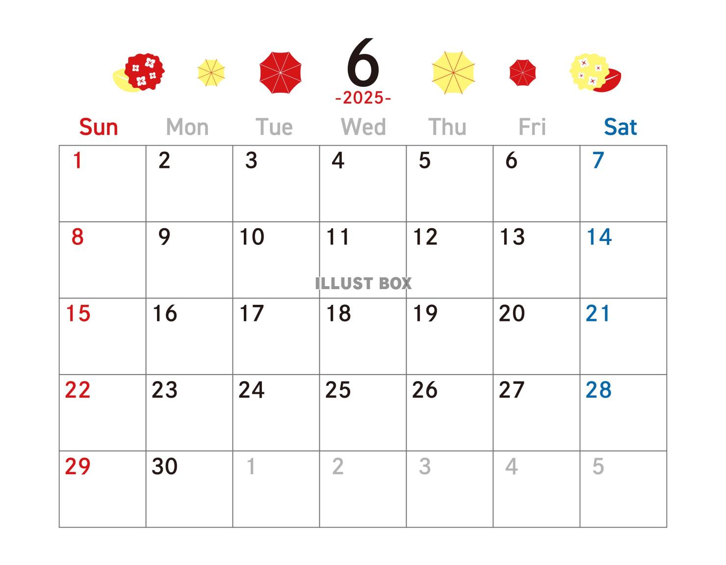 2025年6月 カレンダー 黄色と赤 令和7年　A4横