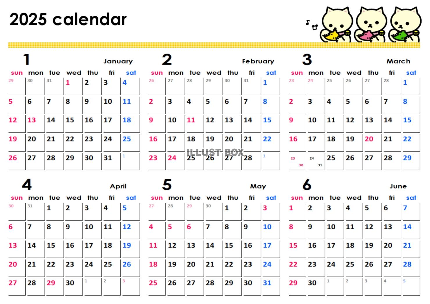 オカリナカレンダー半年分　2025年1月から6月分