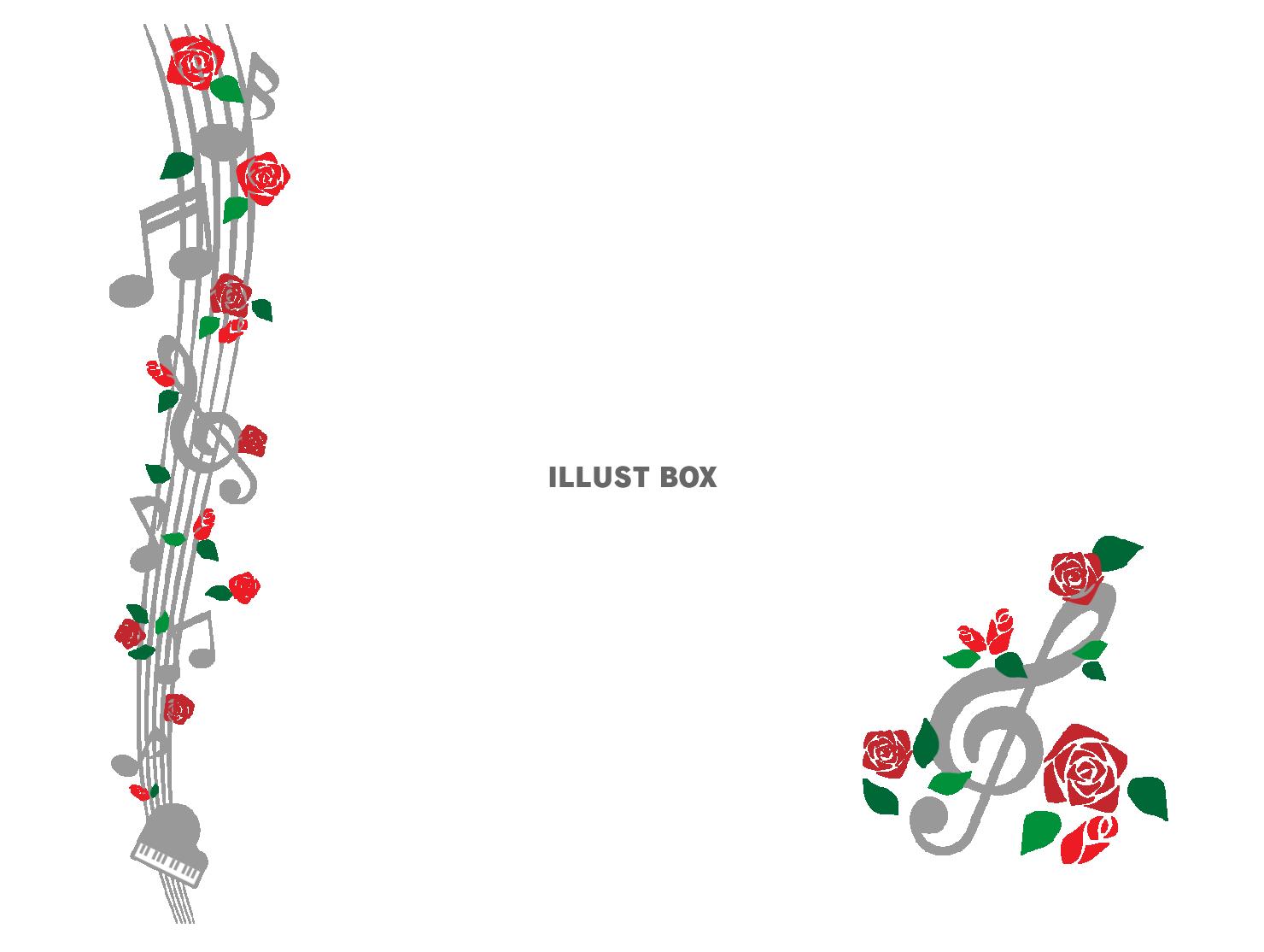 縦ラインの音符と薔薇のフレーム　灰色