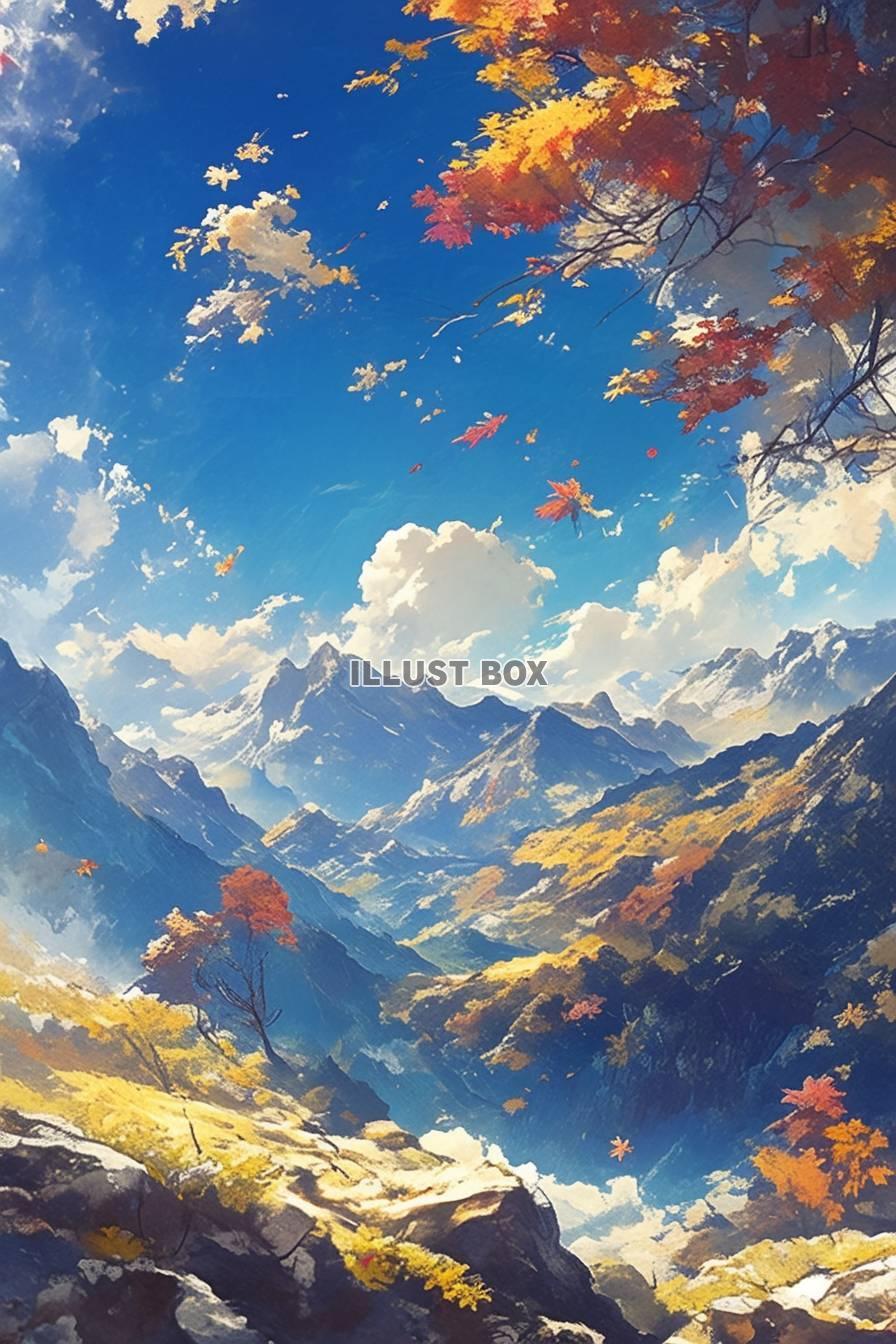 秋の背景や挿絵に使いやすい絵本の様な紅葉の山の水彩イラスト