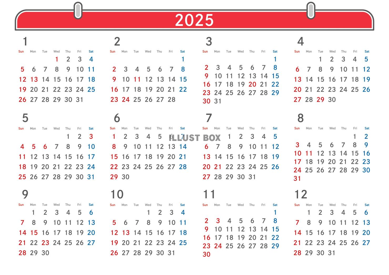 2025年　年間カレンダー 壁掛け風　令和7年　A4横