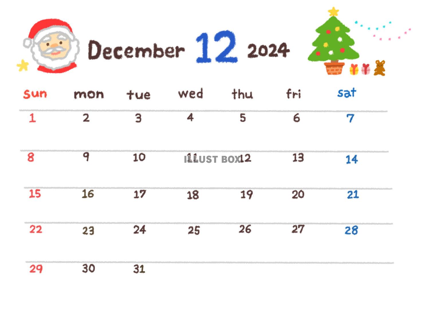 令和六年、2024年12月のカレンダー