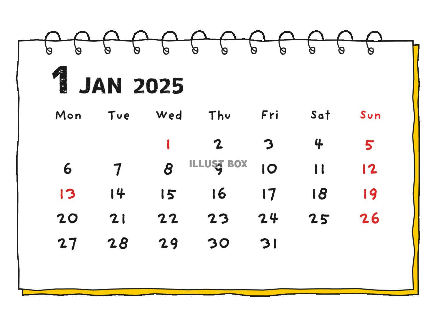 2025年 手書き風の月間カレンダー 1月