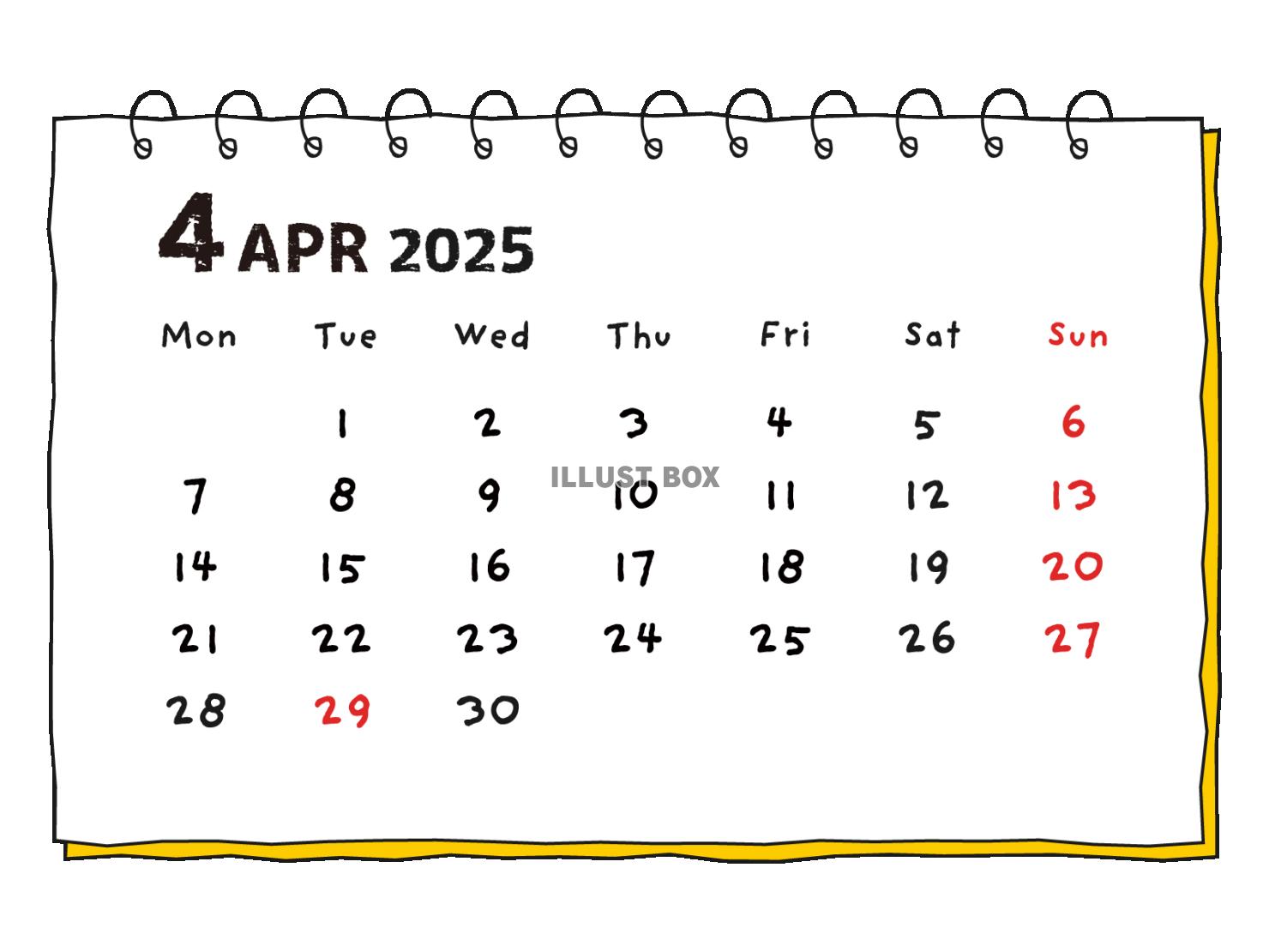 2025年 手書き風の月間カレンダー ４月