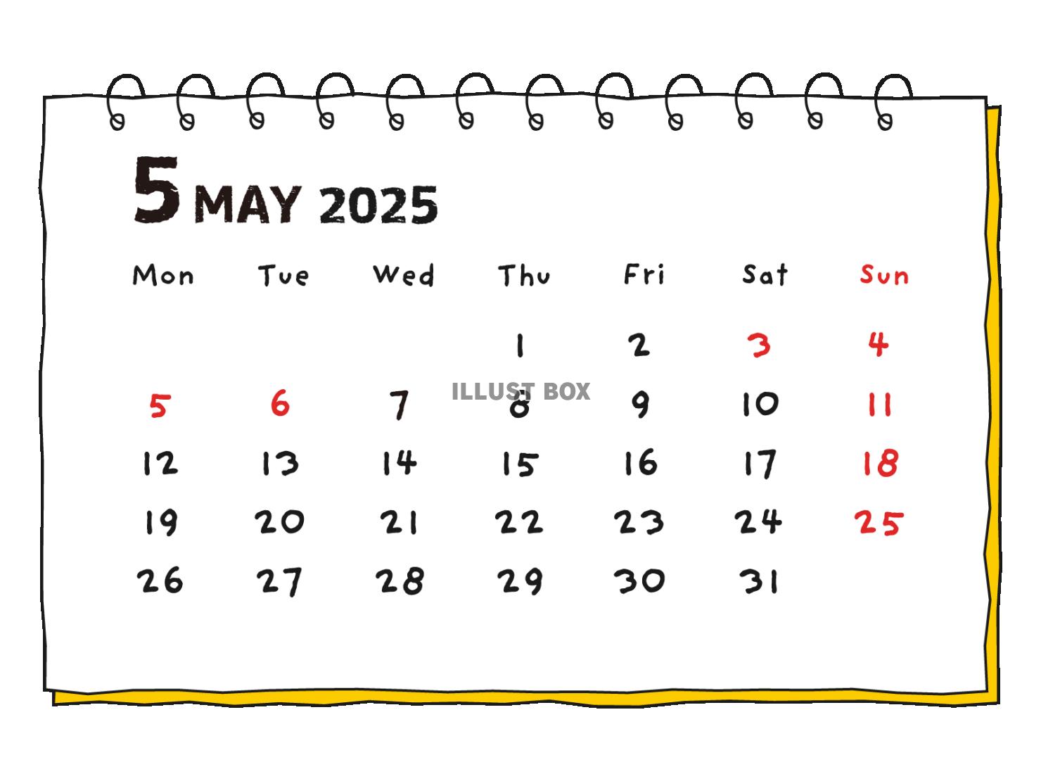 2025年 手書き風の月間カレンダー ５月