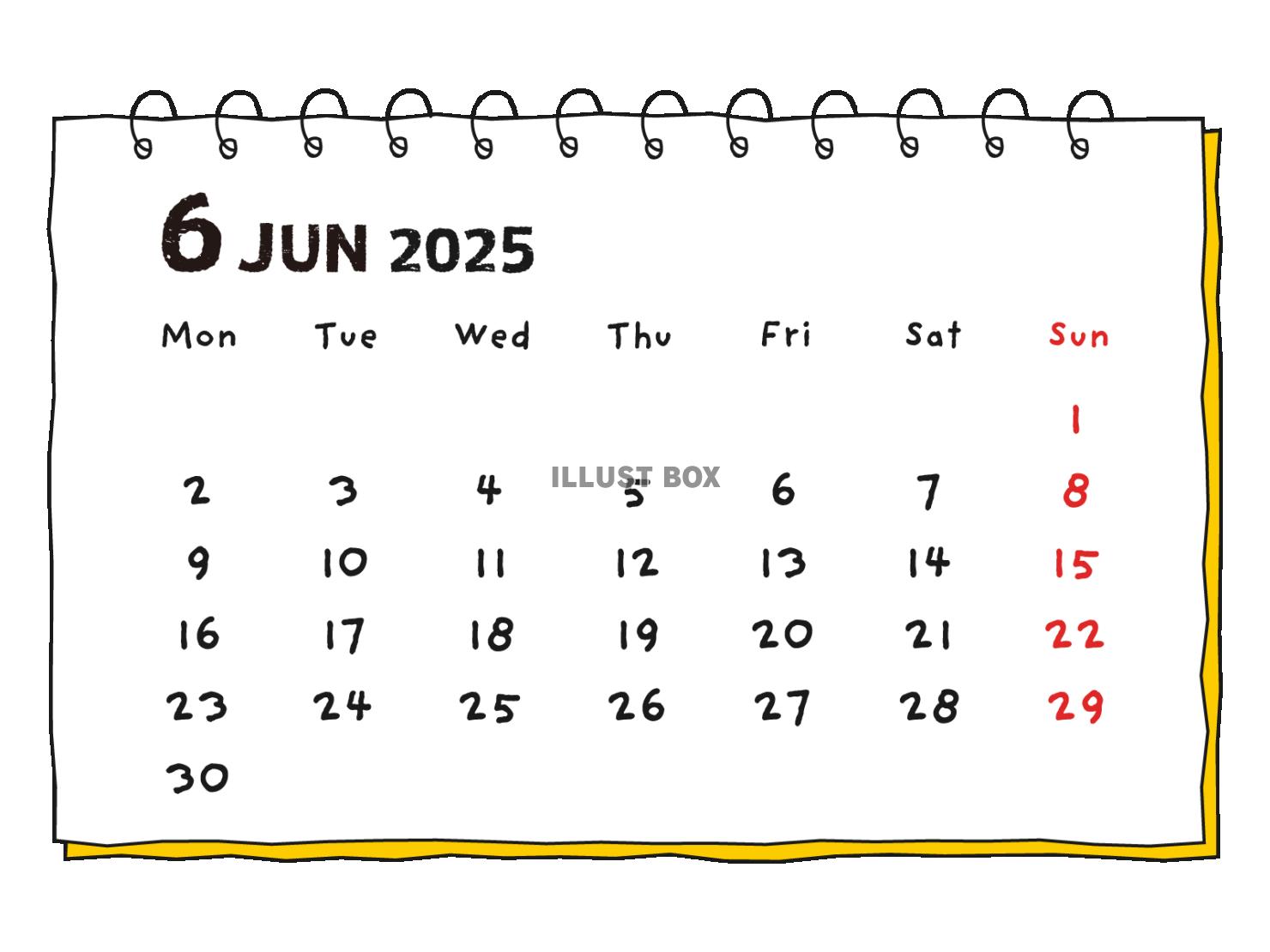 2025年 手書き風の月間カレンダー ６月