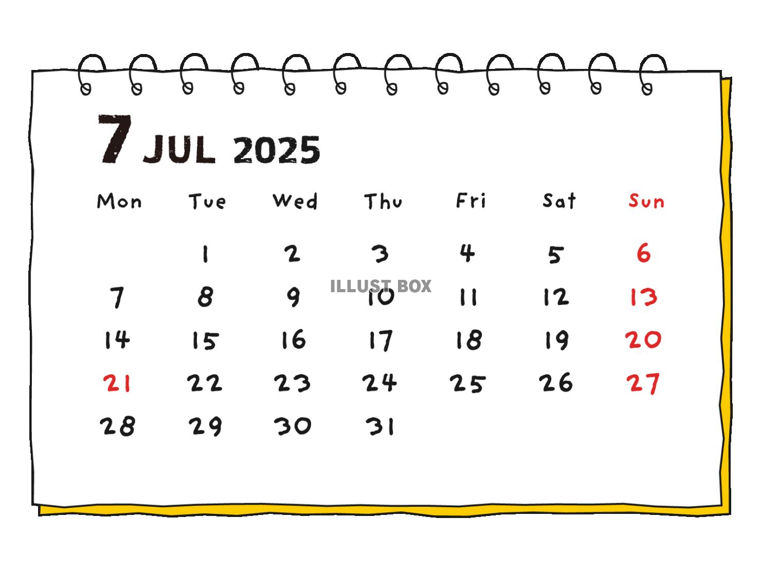 2025年 手書き風の月間カレンダー ７月