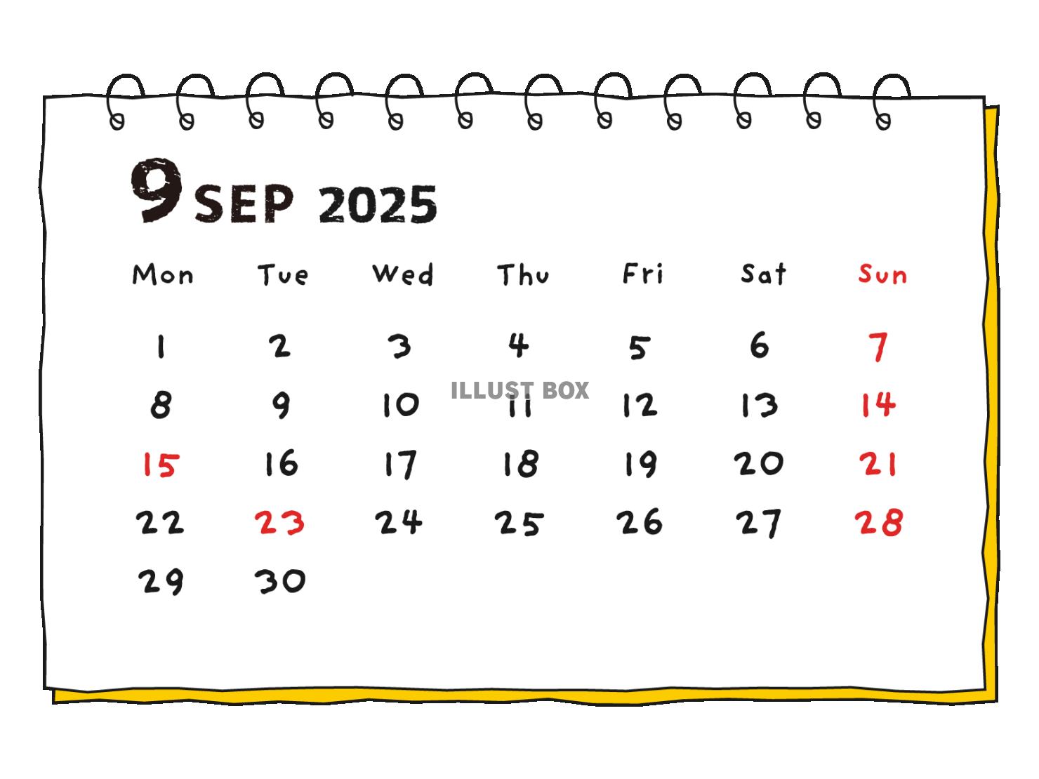 2025年 手書き風の月間カレンダー ９月