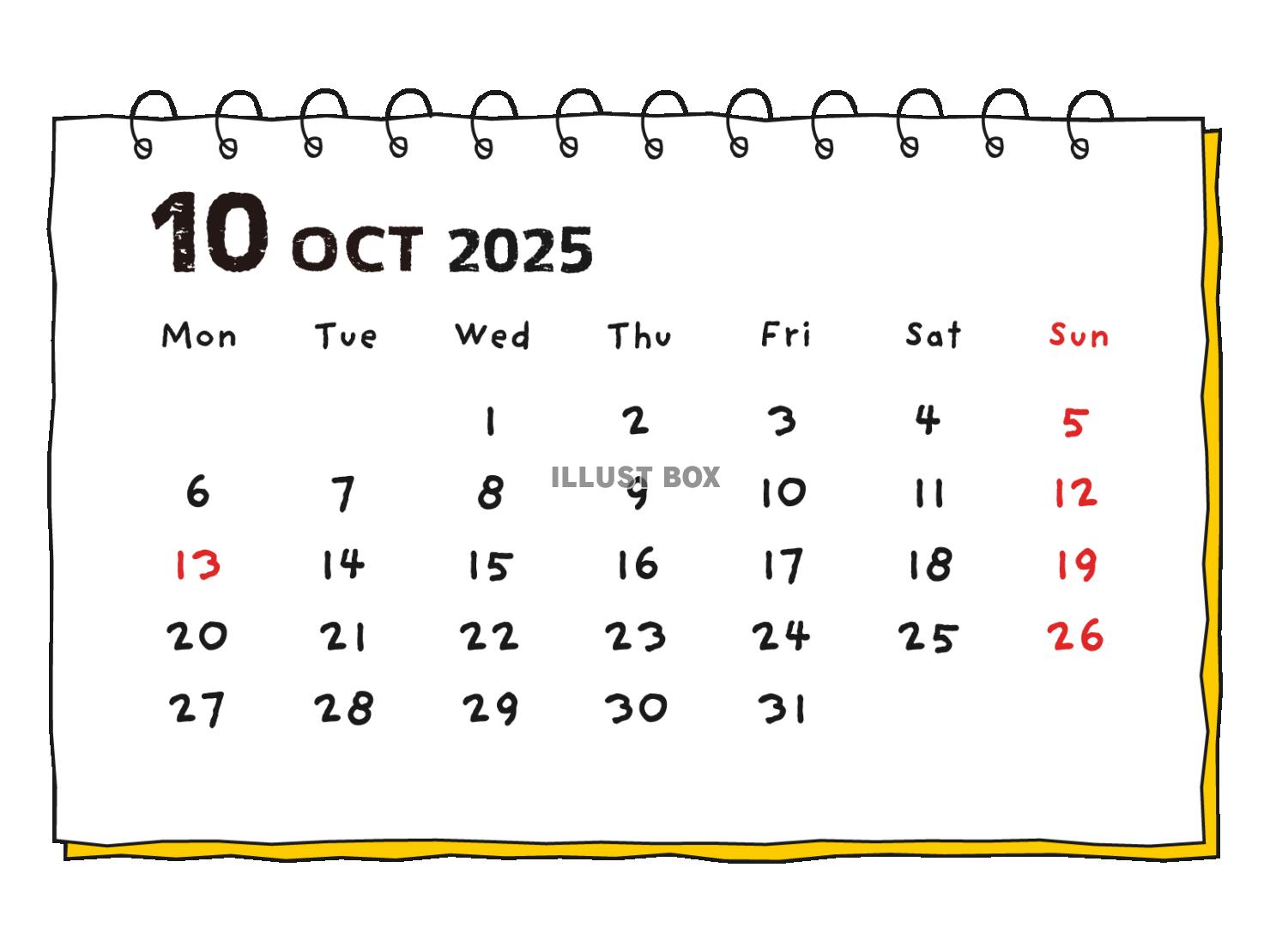 2025年 手書き風の月間カレンダー １０月