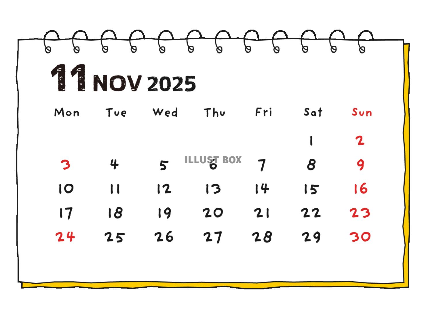 2025年 手書き風の月間カレンダー１１月