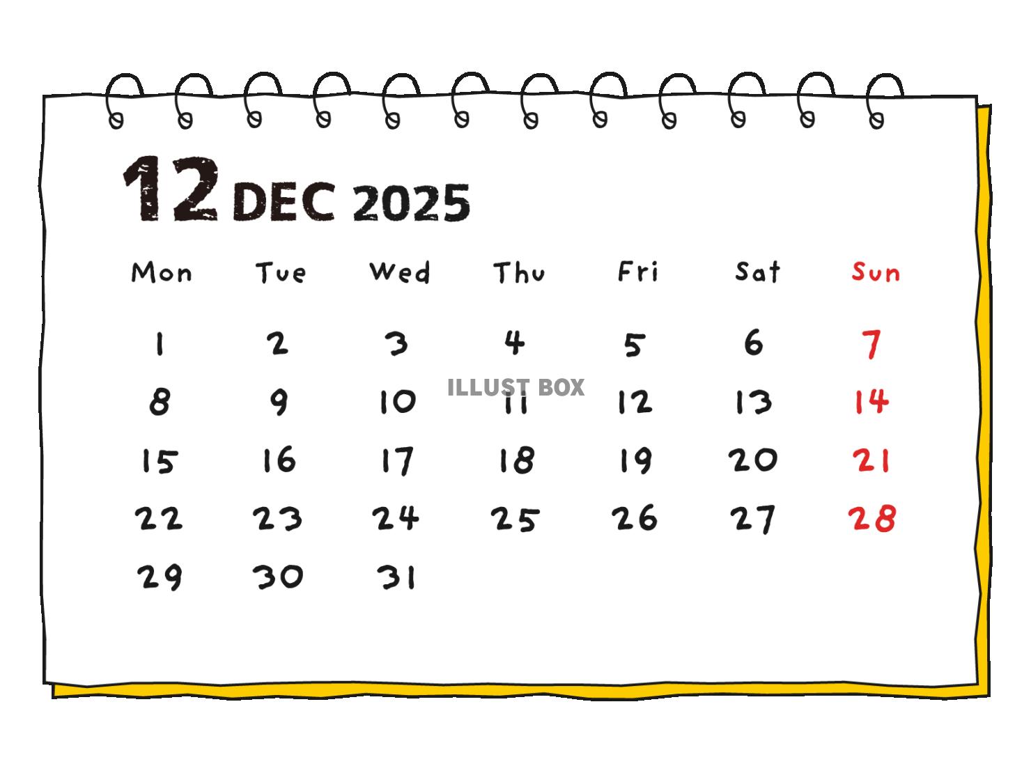 2025年 手書き風の月間カレンダー１２月