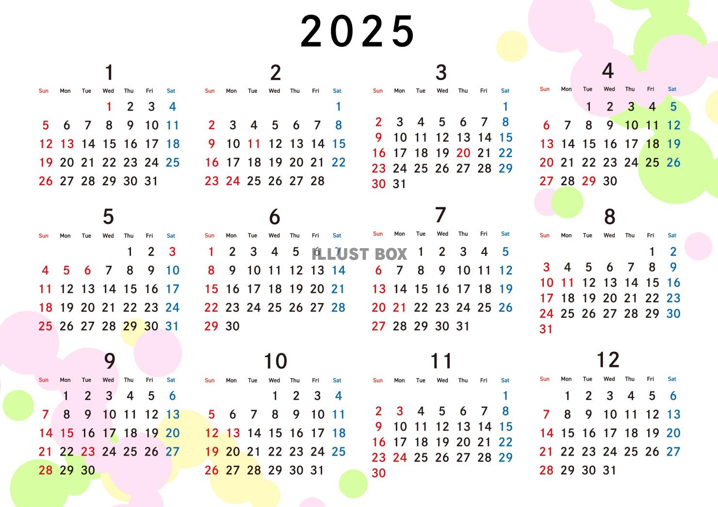 2025年　年間カレンダー 黄緑とピンクと黄色の円形 令和7...