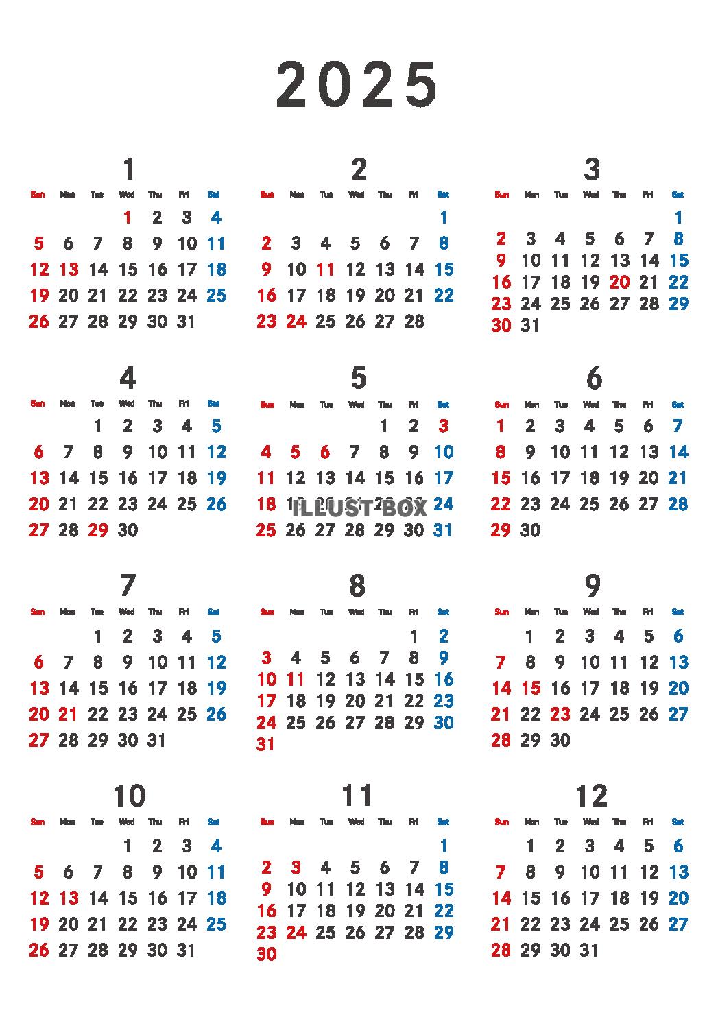 2025年　年間カレンダー シンプル 令和7年　A4縦