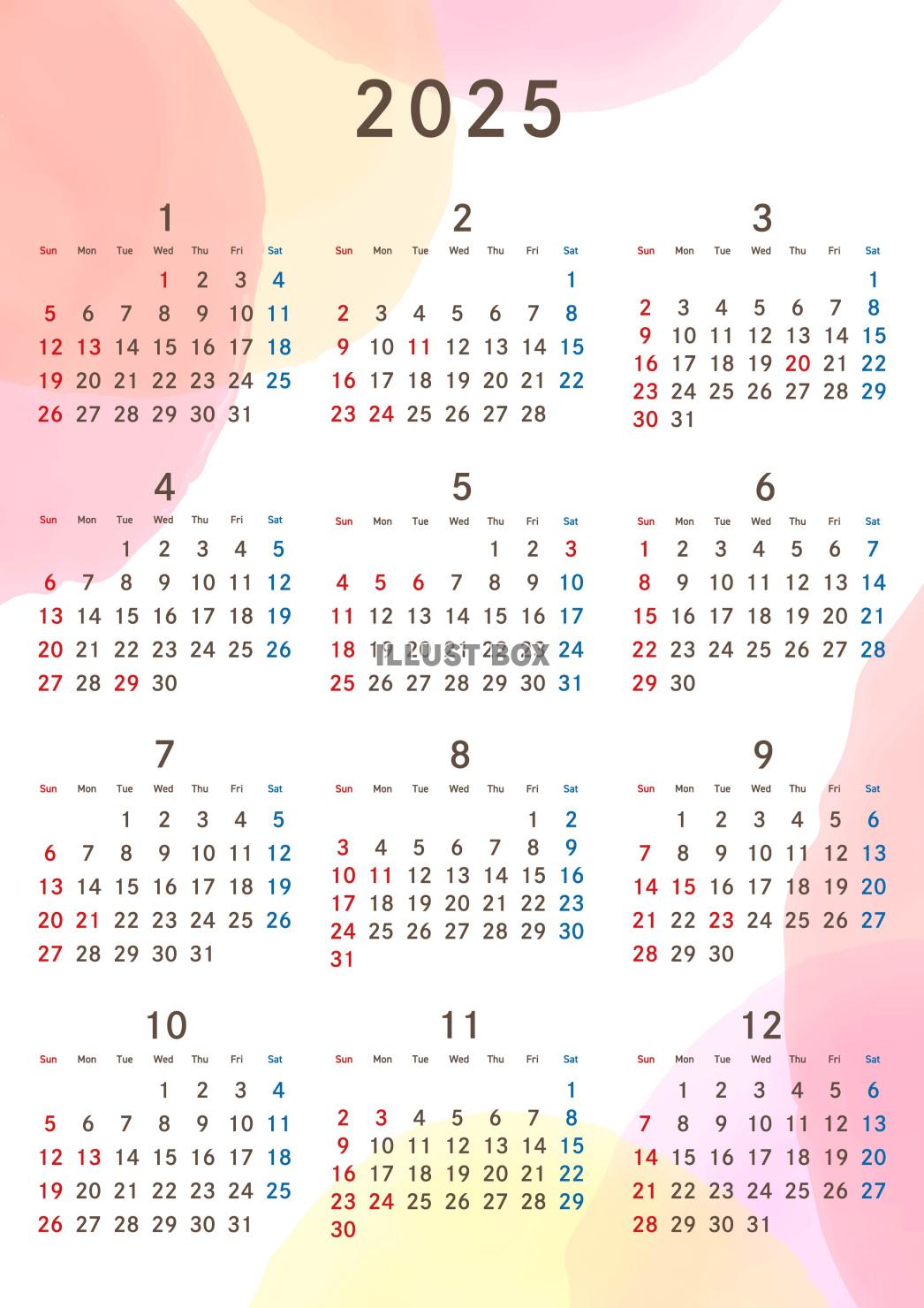 2025年　年間カレンダー 暖色系水彩 令和7年　A4縦