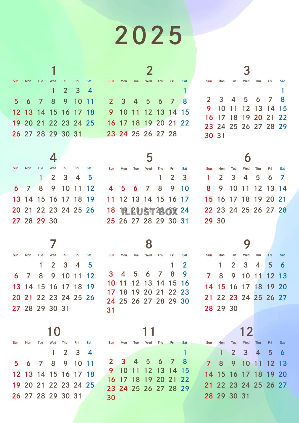 2025年　年間カレンダー 青系水彩 令和7年　A4縦