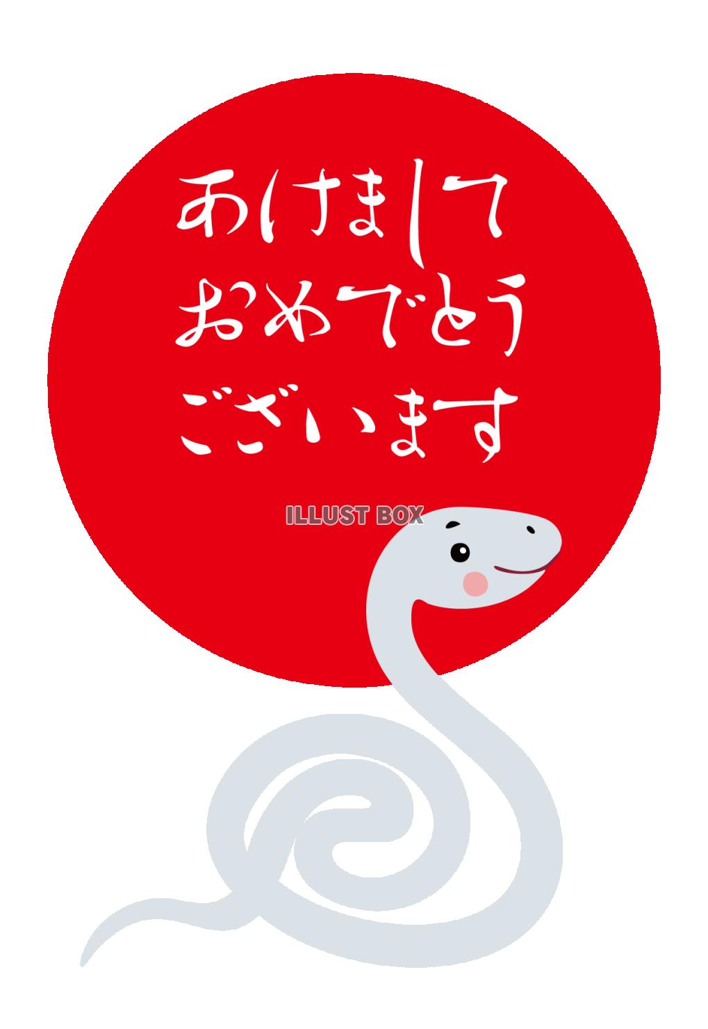 2025年かわいい年賀状　初日の出の日の丸と白蛇　令和7年巳...