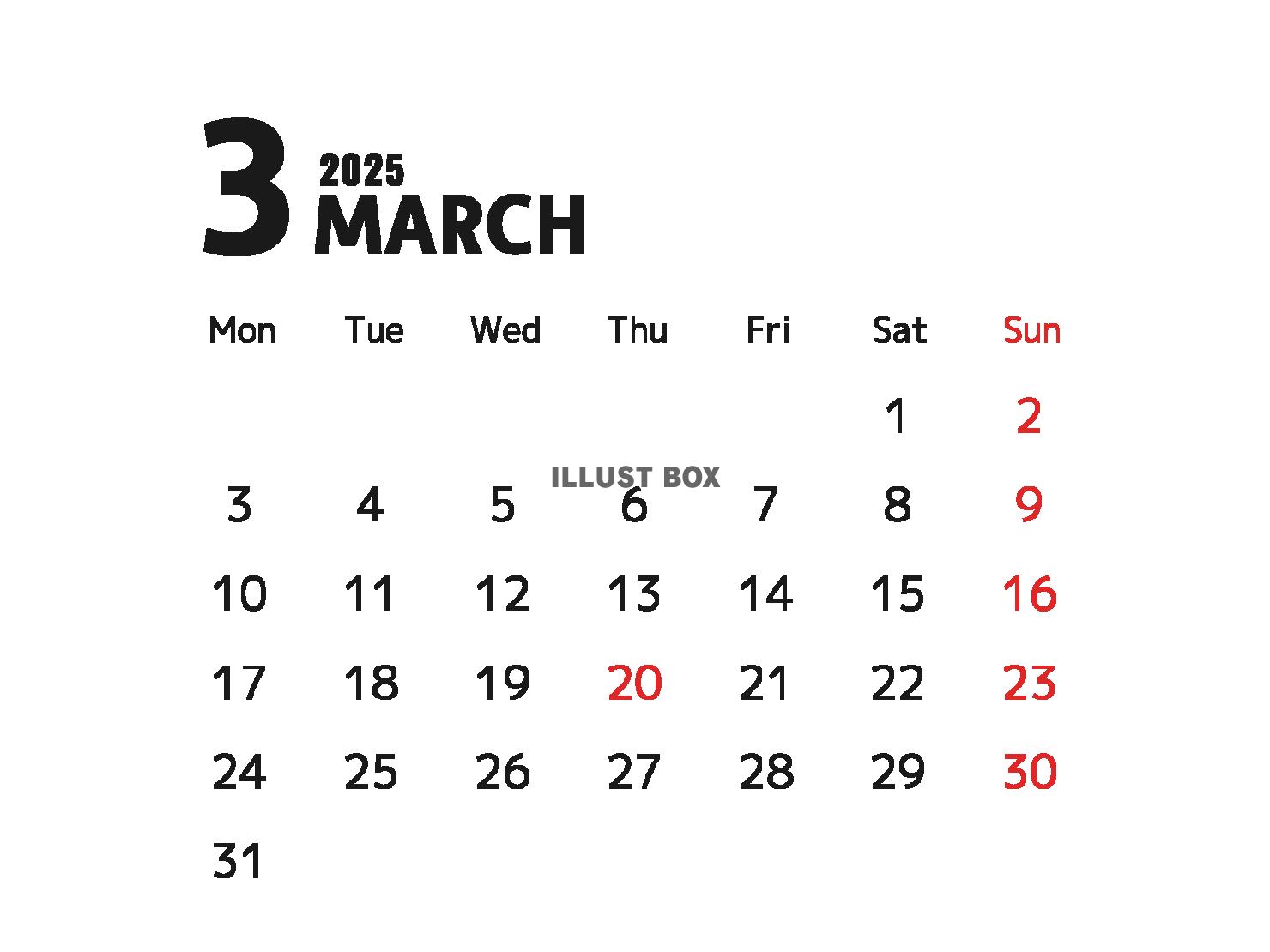 2025年 シンプルな月間カレンダー ３月