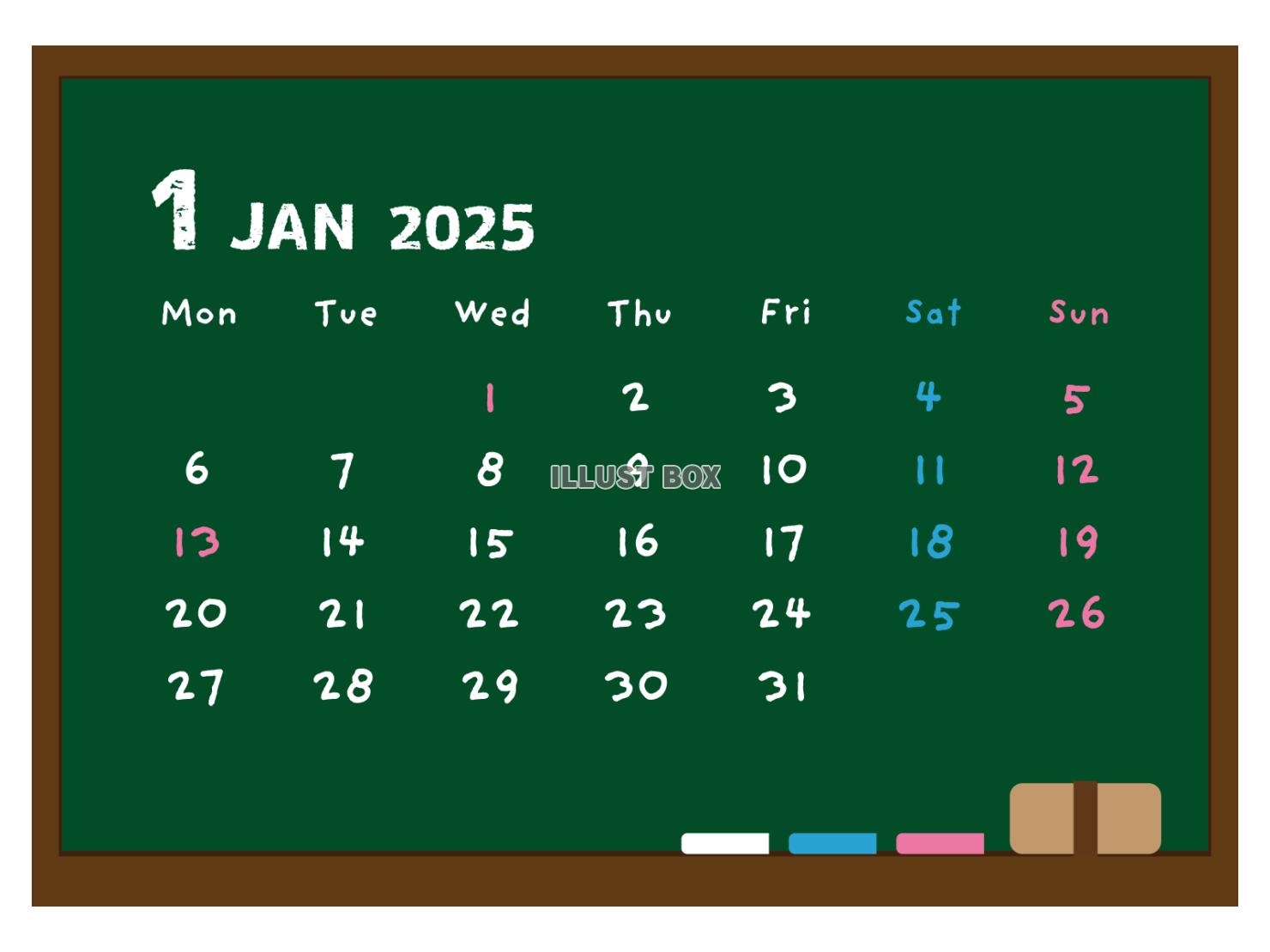 2025年 黒板風の月間カレンダー 1月