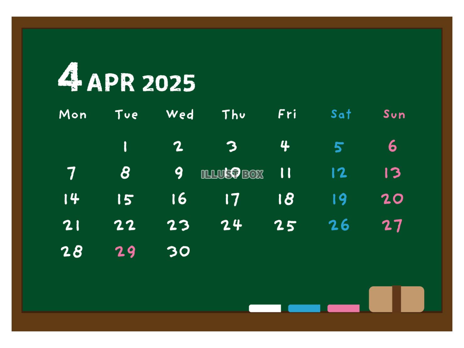 2025年 黒板風の月間カレンダー ４月