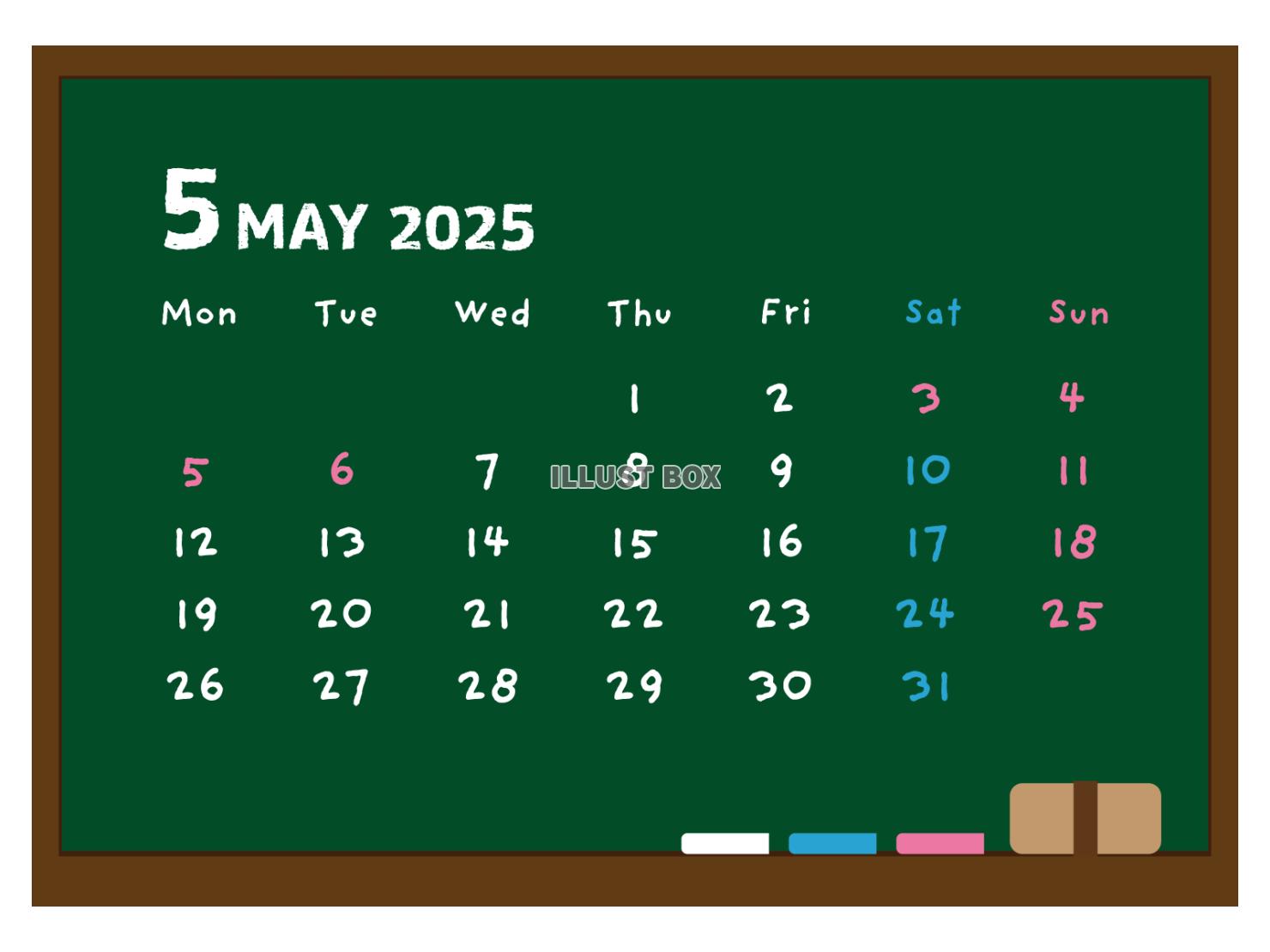 2025年 黒板風の月間カレンダー ５月