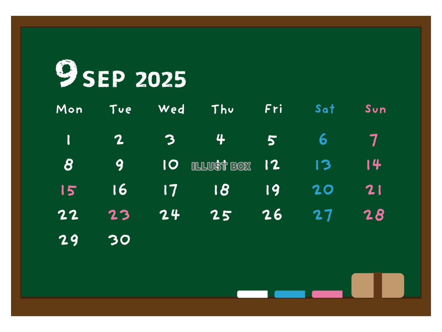 2025年 黒板風の月間カレンダー ９月