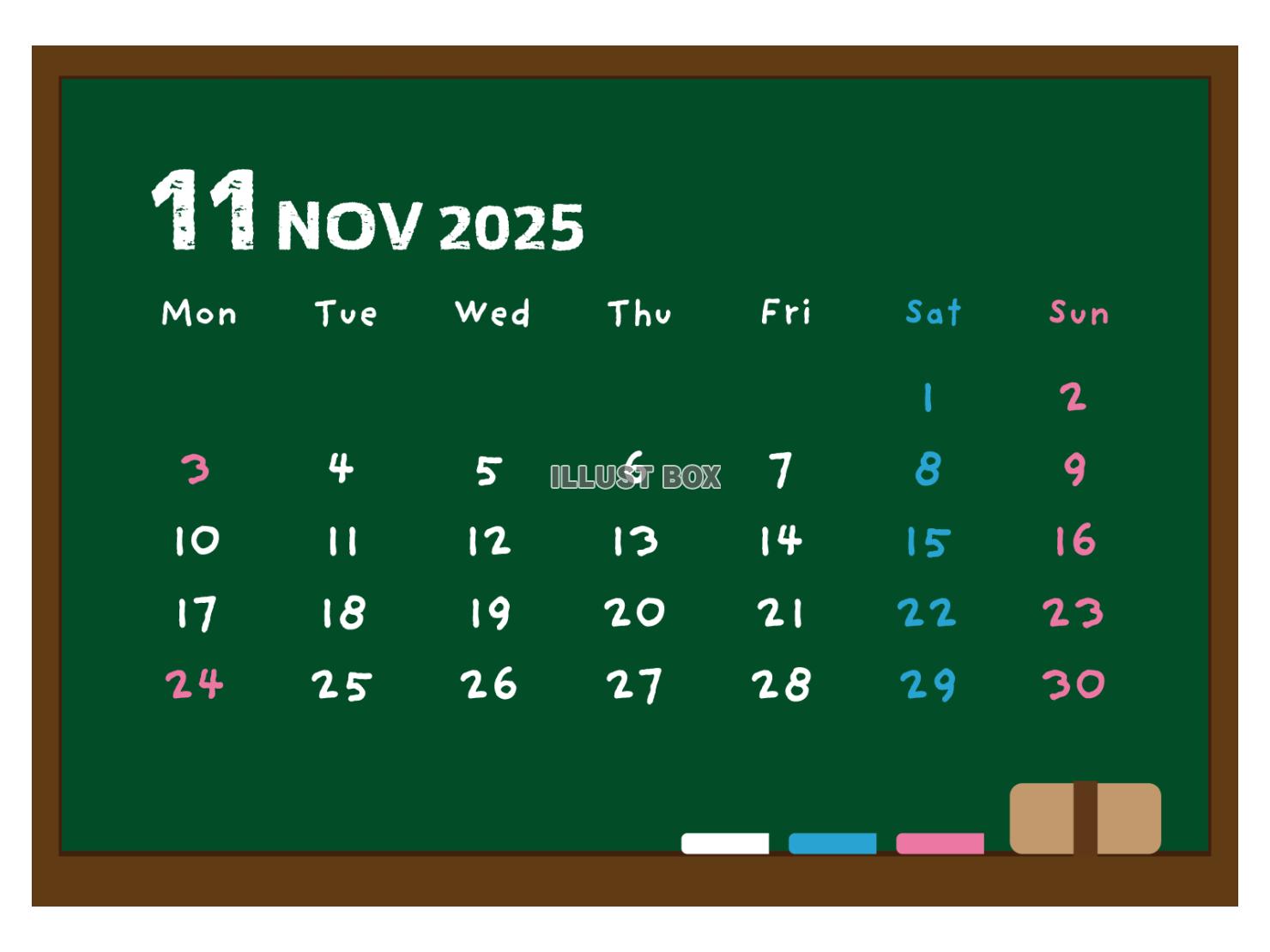 2025年 黒板風の月間カレンダー １１月