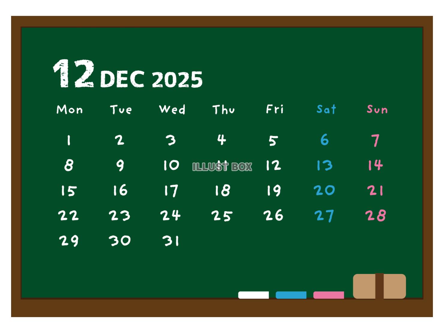 2025年 黒板風の月間カレンダー １２月