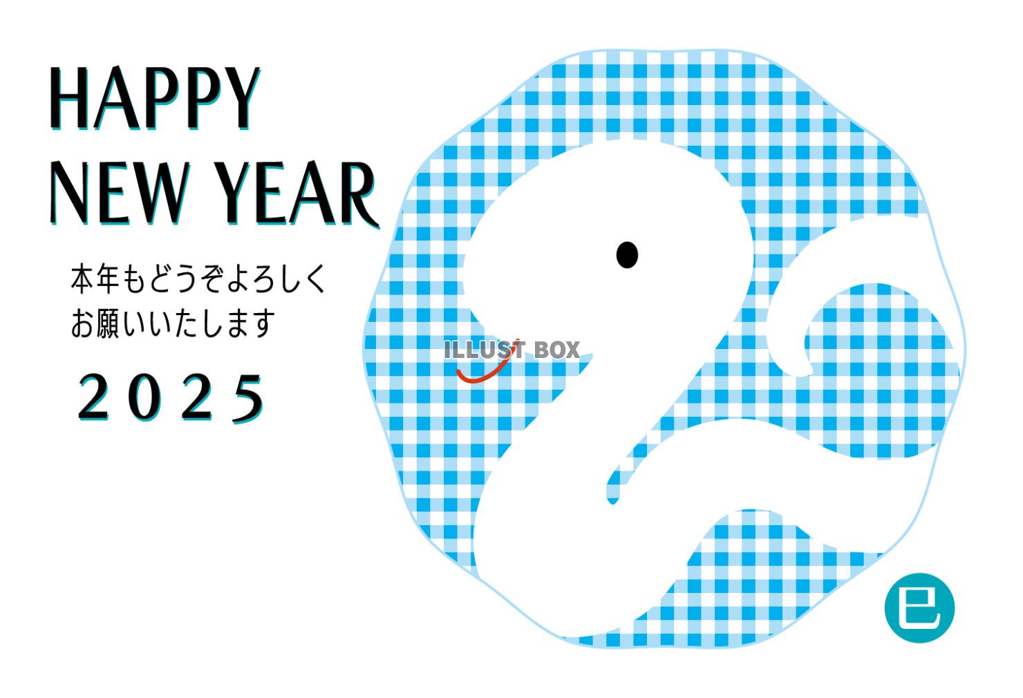 2025年巳年のギンガムチェック年賀状/横・水色