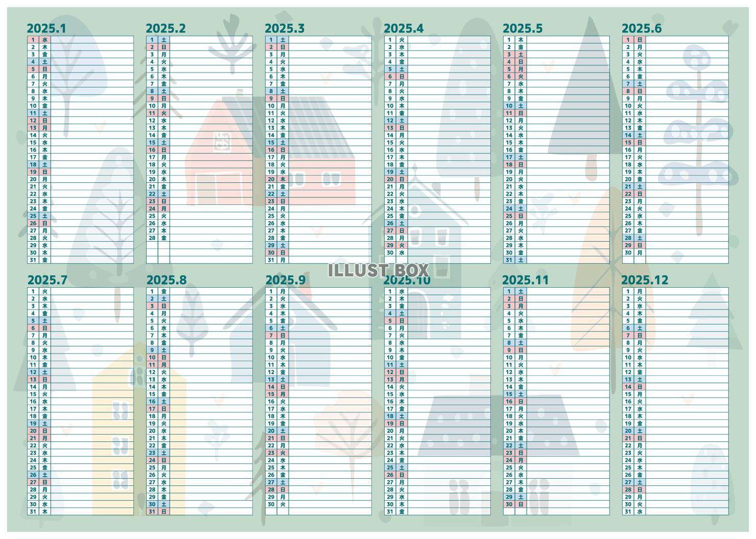 2025年年間一行カレンダー　北欧風の風景