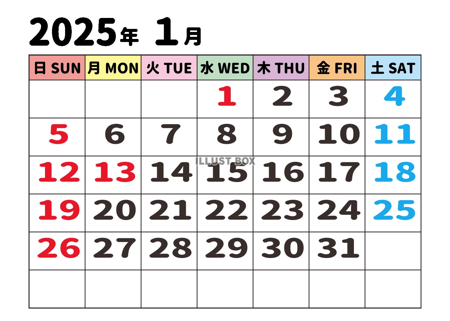 2025年1月カレンダー・大文字・曜日漢字と英語・日曜始まり...