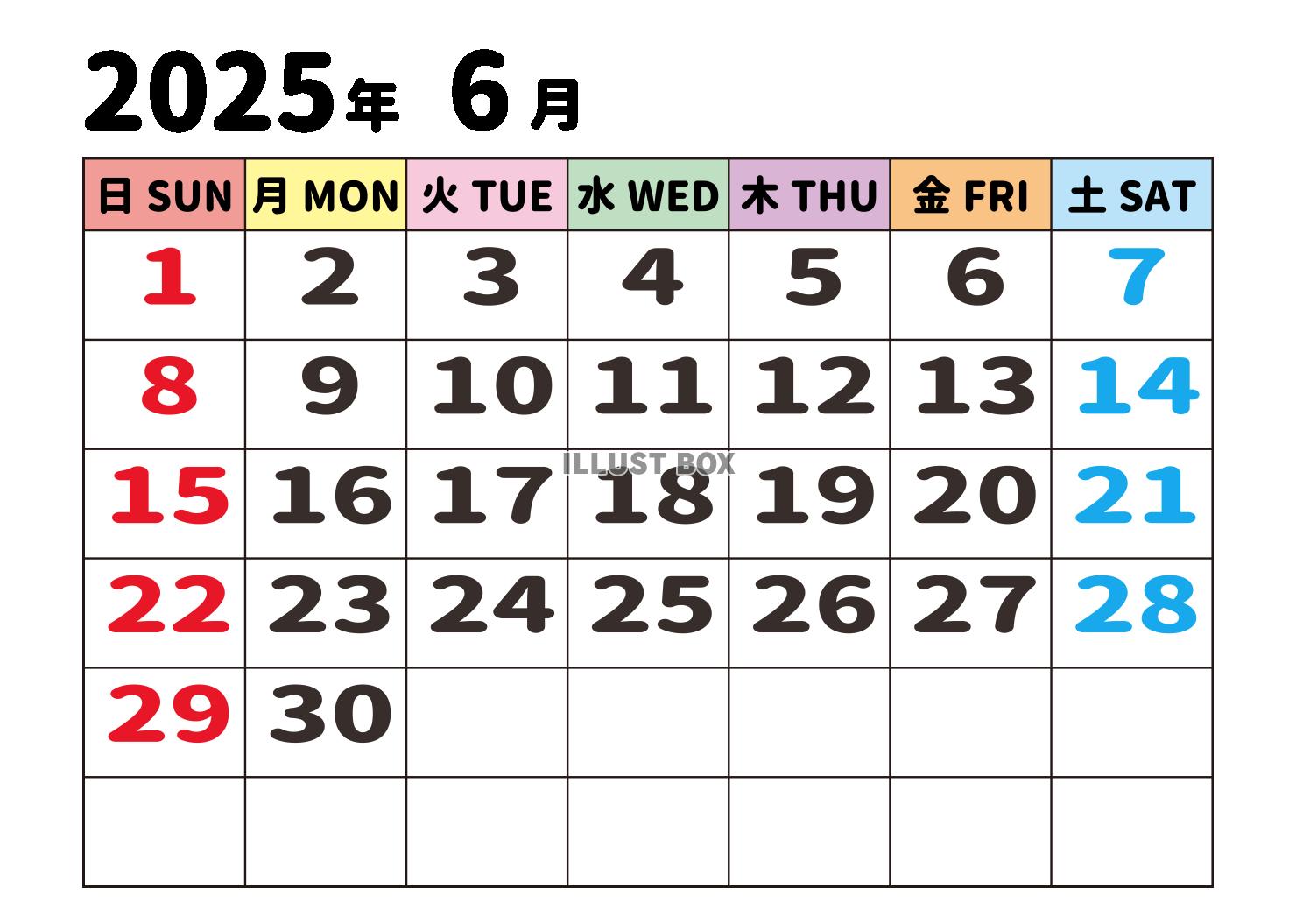 2025年6月カレンダー・大文字・曜日漢字と英語・日曜始まり...