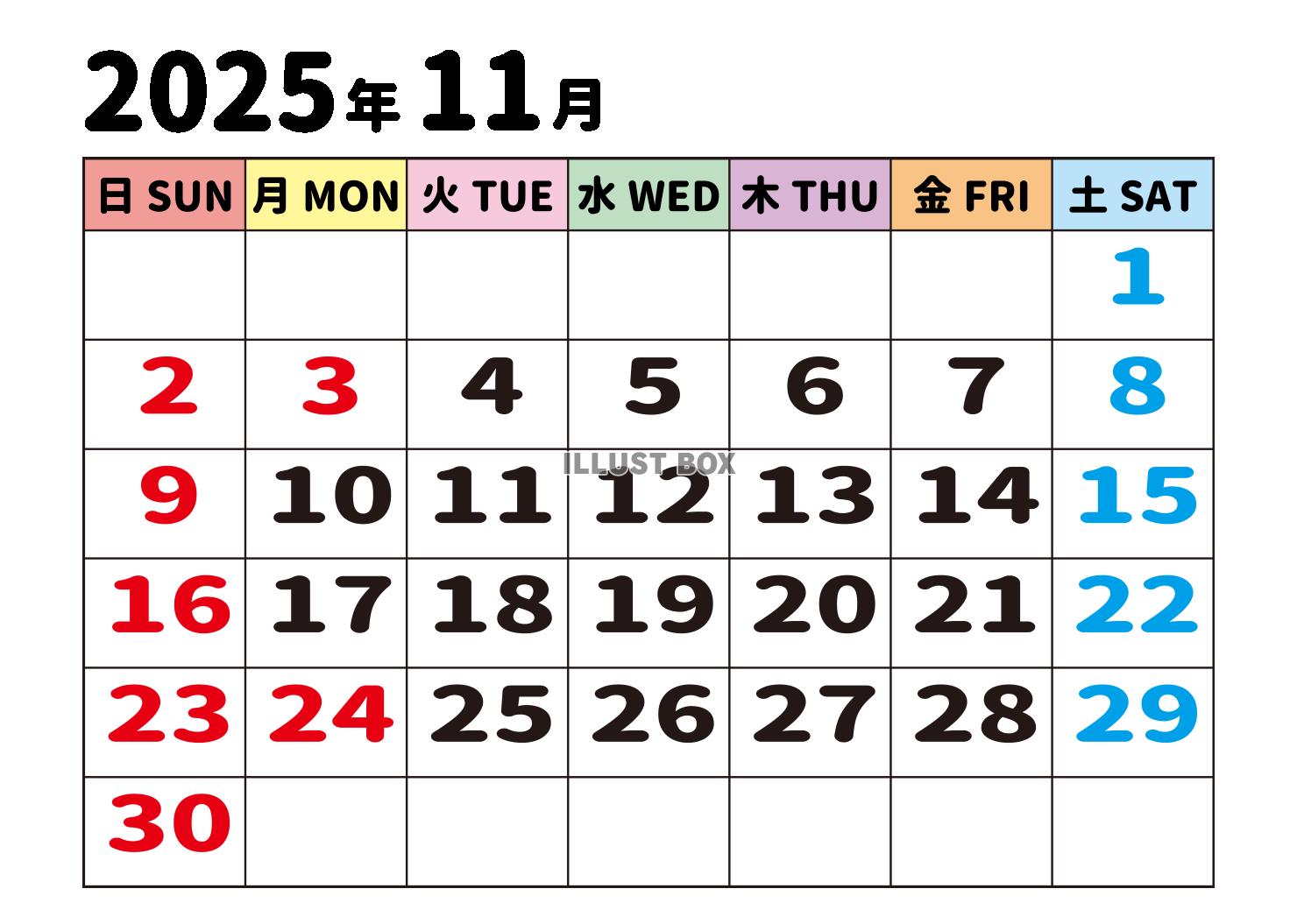 2025年11月カレンダー・大文字・曜日漢字と英語・日曜始ま...