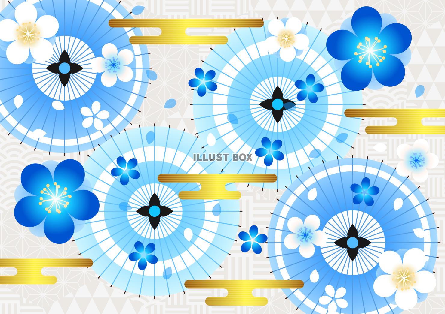青の和傘と梅と金雲の和背景ヨコ