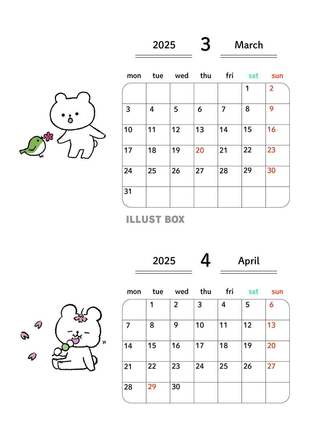 2025年3月4月カレンダー_月曜始まり_A4書込可