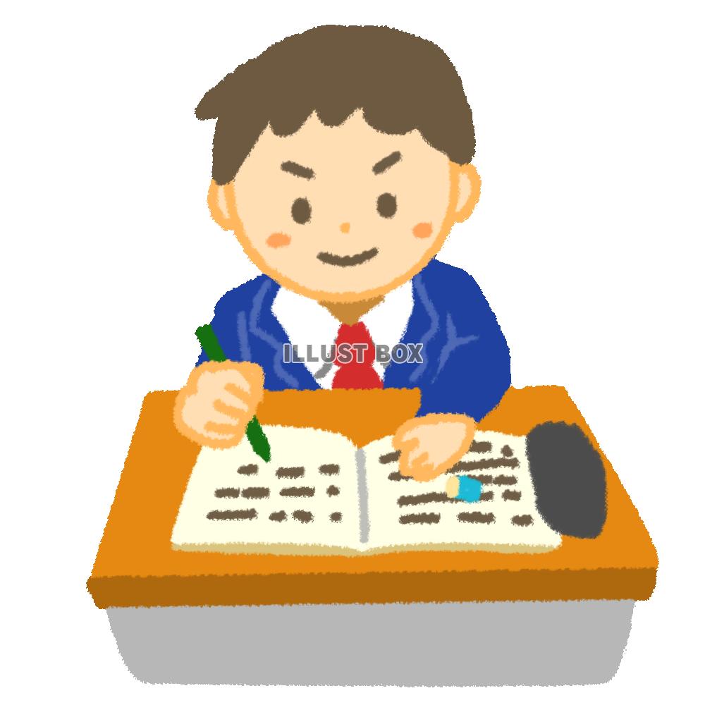 学校の机でノートを書いて勉強している男子学生