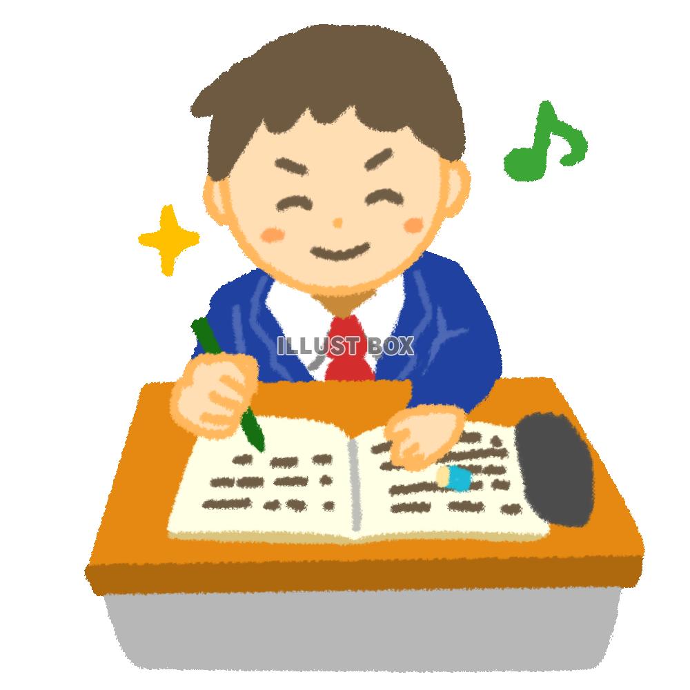 ノートを書いて勉強中の笑顔の男子学生