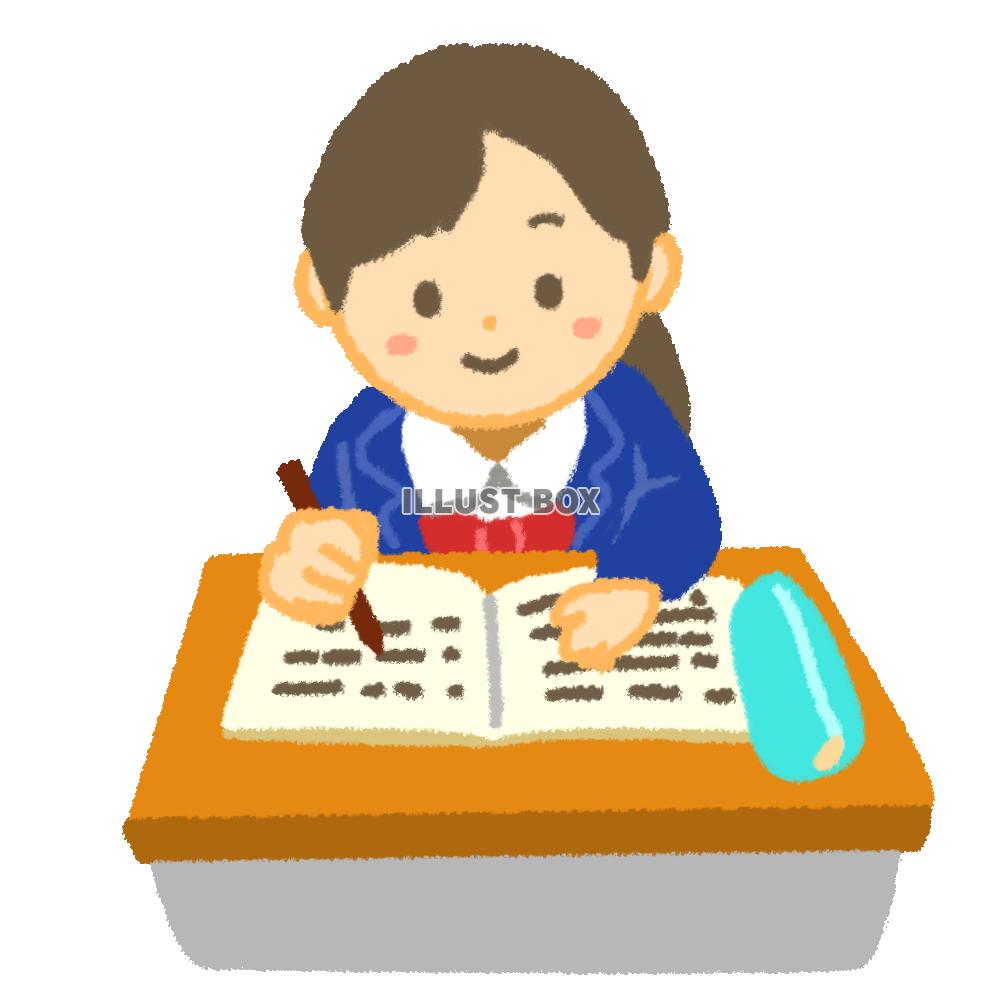 学校の机でノートを書いて勉強している女子学生