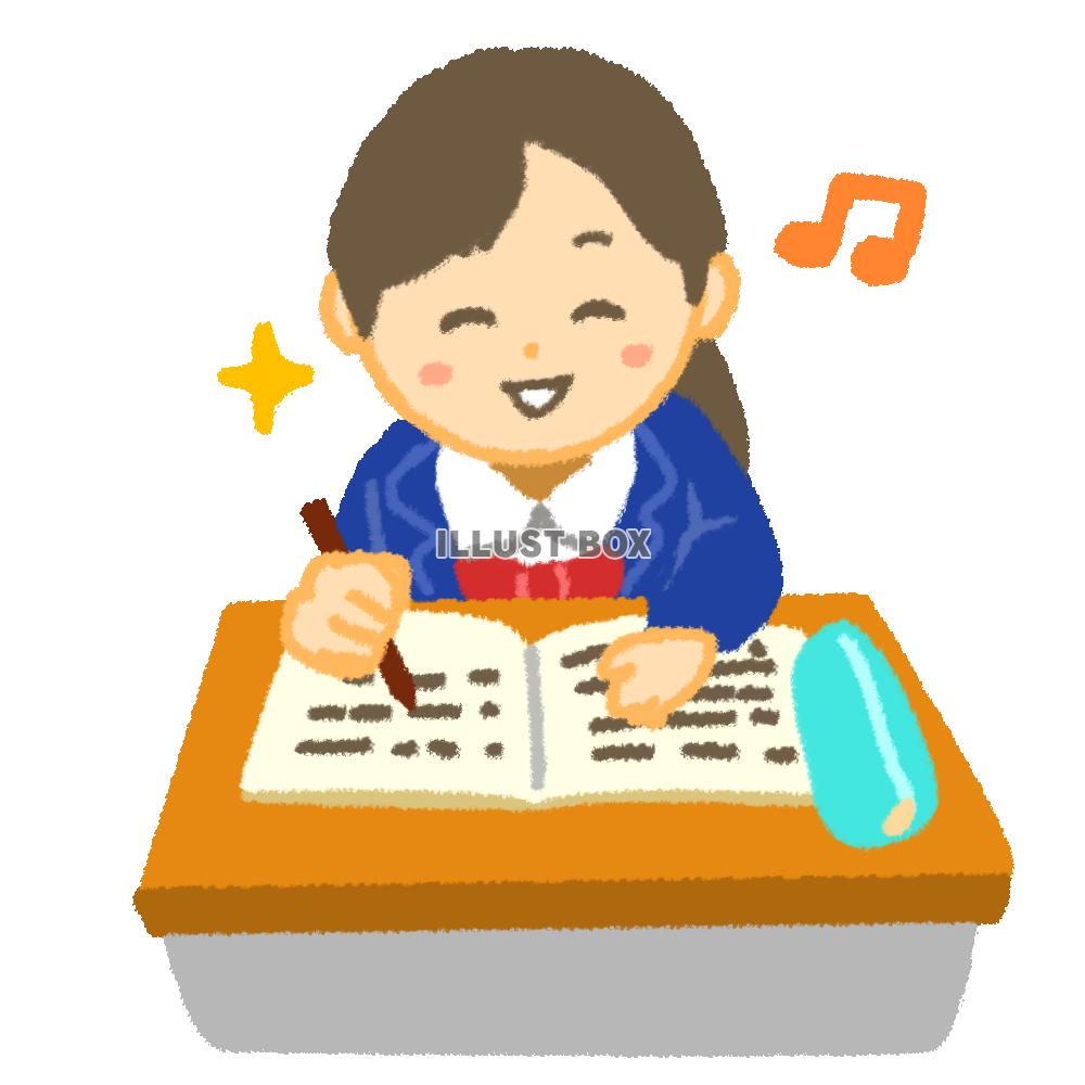  ノートを書いて勉強中の笑顔の女子学生 